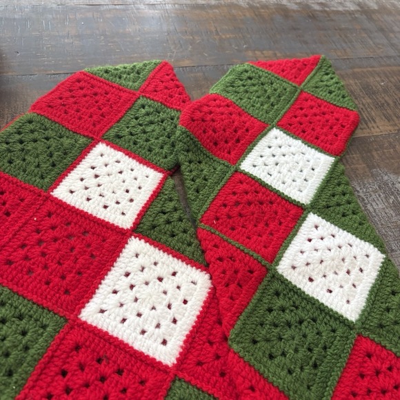 Vintage Pair Crocheted Granny Square Christmas Stockings Mom & Dad Red Green